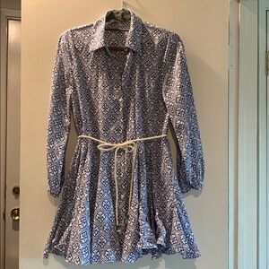 Zara Boho Blue White flouncy Geometric Dress. S